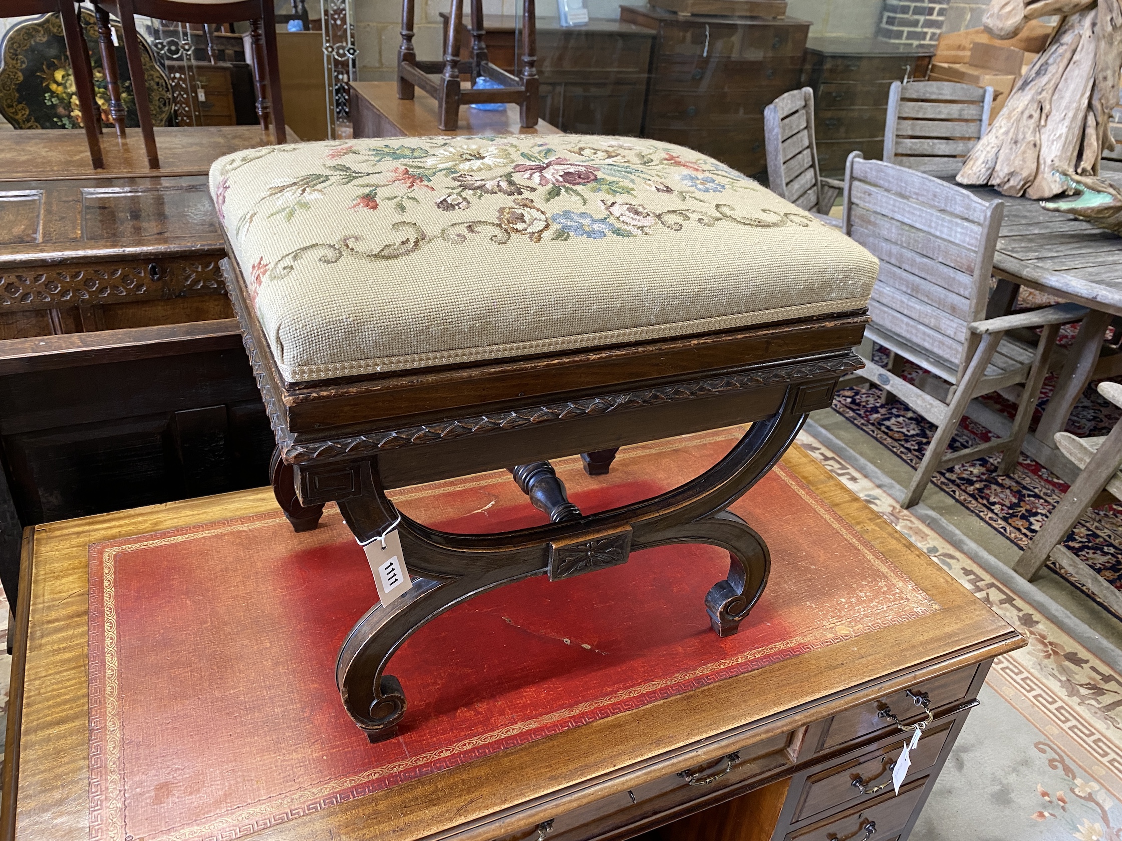 An early 20th century Regency style mahogany X frame dressing stool with tapestry box seat, width 60cm, depth 42cm, height 54cm